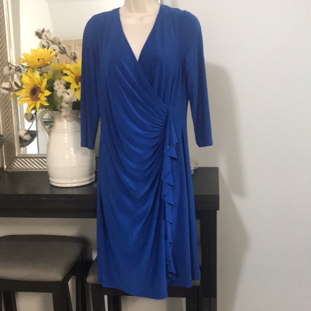 Elegant Blue Ruched Long Sleeve Wrap Dress